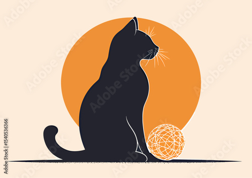 Silhouette of a black cat sitting beside a yarn ball, against an orange sun.
