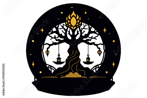 Elegant Circular Tree Design with Intricate Branches and Hanging Lanterns