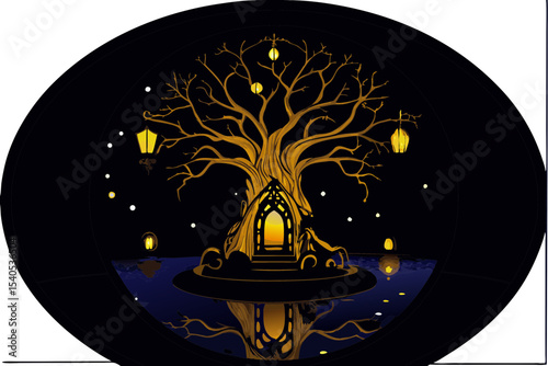 Mystical Black Tree Silhouette with Golden Lanterns and Starry Background
