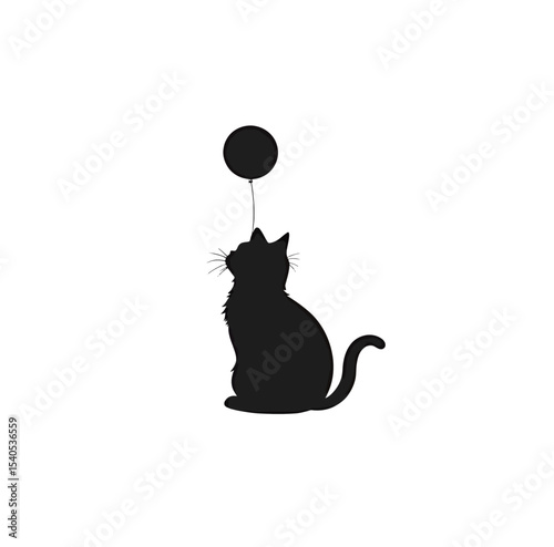 Silhouette of a cat gazing at a balloon above, evoking curiosity and playfulness.