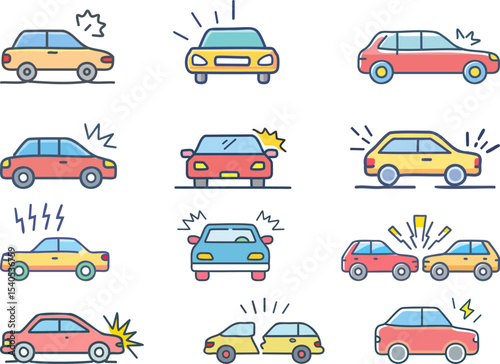 Car Accident and Insurance Icon Set Colorful Flat Cartoon Style
