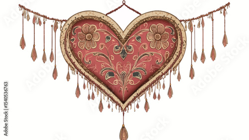 A digital illustration depicting a heart-shaped decorative item. The heart is predominantly red with an ornate gold and brown floral pattern.  It appears to be made of a textured fabric or textile.