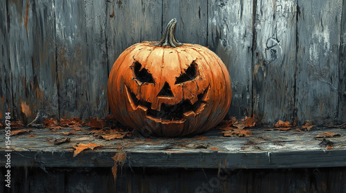 spooky Halloween pumpkin with carved face sits on wooden shelf surrounded by autumn leaves