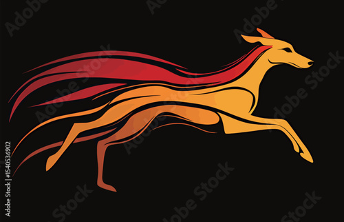 Dynamic silhouette of a running dog in vibrant orange and red hues on a black background.