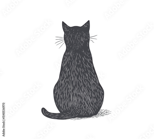 Charming black cat sitting with its back turned, showcasing a minimalist style.