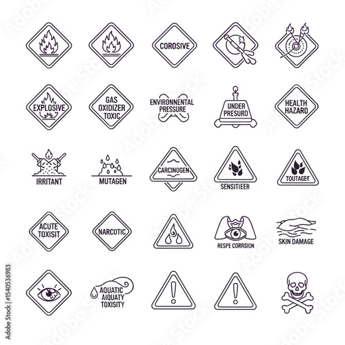 Hazardous Sign Icons: A collection of precisely crafted, clear, and instantly recognizable icons, each representing a unique and essential safety hazard, are ready for use.