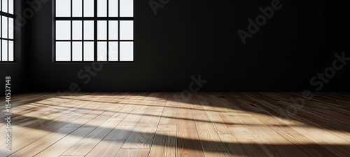 Dark room wood floor sunlight window interior black wall