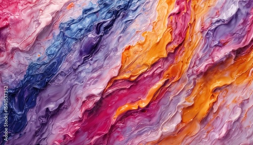 a vibrant abstract swirl of acrylic paints blends shades of blue, purple, pink, and orange in a captivating fluid art composition.