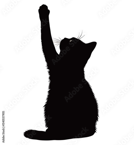 Silhouette of a playful black cat reaching up with one paw.