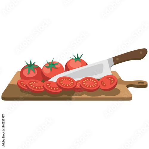 knife chopping cherry tomatoes on cutting board isolated vector illustration