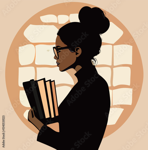 Silhouette of a thoughtful young Black woman with glasses holding books.