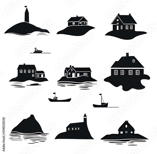 Silhouettes of diverse houses and boats on serene islands in black and white.