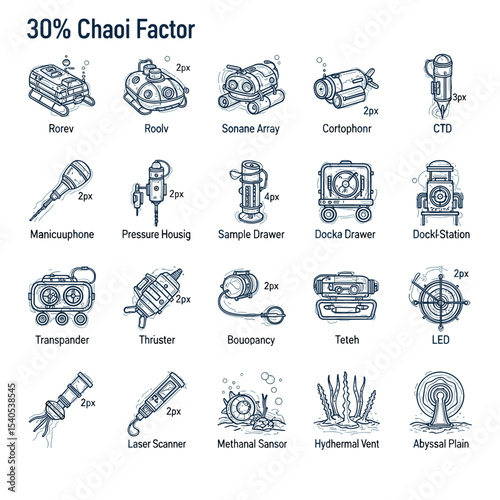 Scientific Instruments: Intricate line-art icons showcase an array of scientific instruments, each meticulously rendered with clean lines and technical precision, perfect for illustrating concepts.