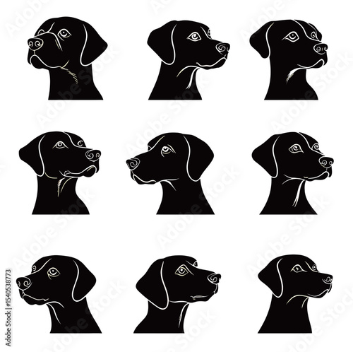 Collage of nine creative black and white dog profile illustrations.