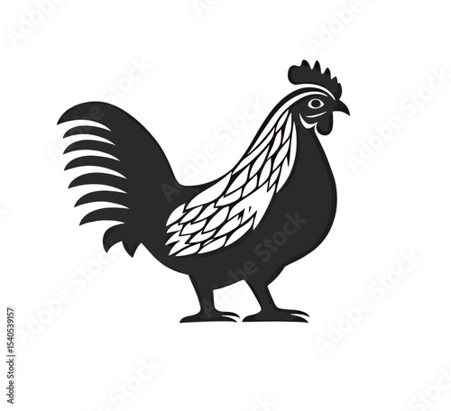 Stylized black silhouette of a chicken with intricate feather details.