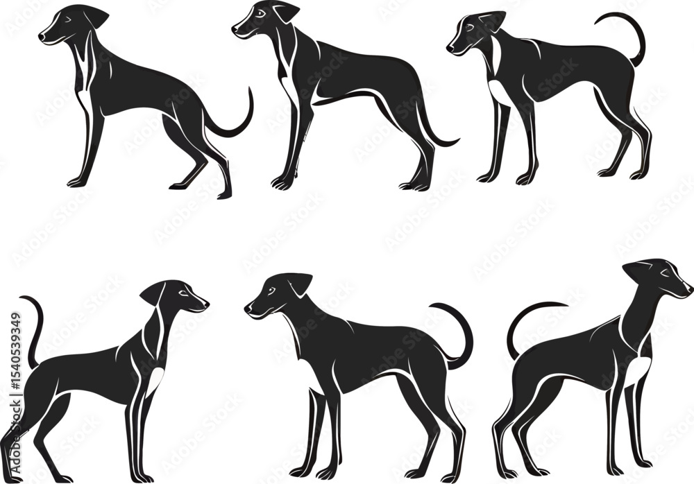 Fototapeta premium Six stylized black dog silhouettes showcasing various poses and expressions.