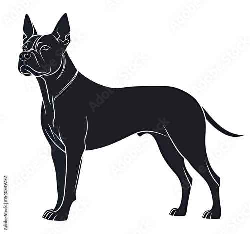 Stylized illustration of a confident black dog standing tall.