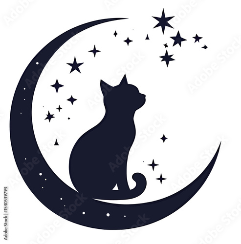 A silhouette of a cat sitting on a crescent moon surrounded by stars.