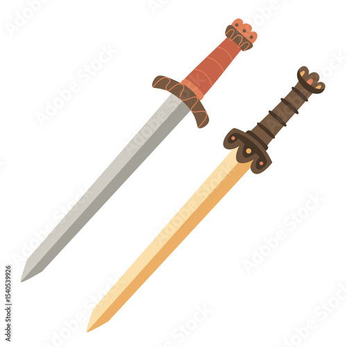 Two roman gladius swords. Short double-edged blades and ornate hilts. Flat style hand drawn vector illustration. 