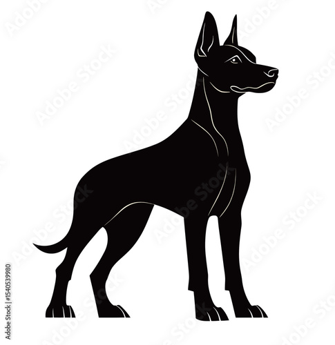 A sleek black silhouette of a standing dog exuding strength and alertness.