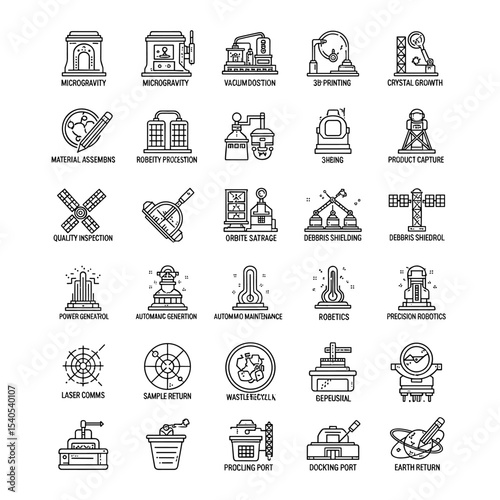 Science and Technology Icons : A collection of intricately designed icons representing various fields and concepts within the realm of science and technology, presented in a clean and modern style.