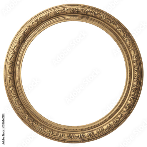 Ornate round gold frame with detailed rococo engravings and subtle antique finish centered isolated transparent background