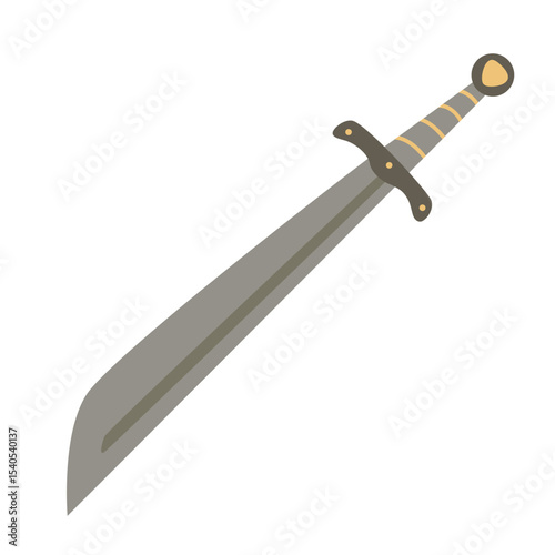 Falchion sword with a curved tip and broad blade. Historical weapon.  Flat style hand drawn vector illustration. 