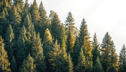 a dense collection of evergreen trees bathed in soft golden sunlight creates a serene and natural landscape.