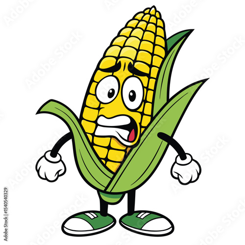 Scared Cartoon Corn Character Illustration  A Fun, Frightened Maize Mascot with Green Leaves and Shoes