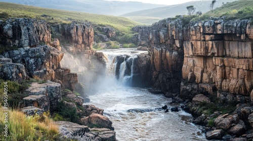 Majestic Waterfall Cascading Through Rugged Cliffs