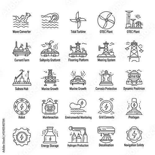 Ocean Energy Icons: A collection of vector icons illustrating various forms of ocean energy technologies, capturing the future of renewable power and sustainable solutions.