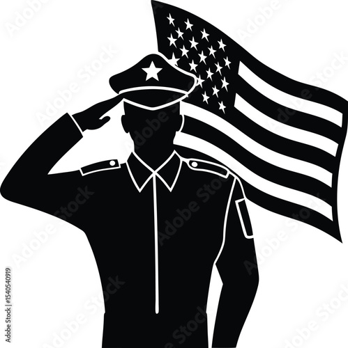 Soldier Saluting with US National Flag Illustration