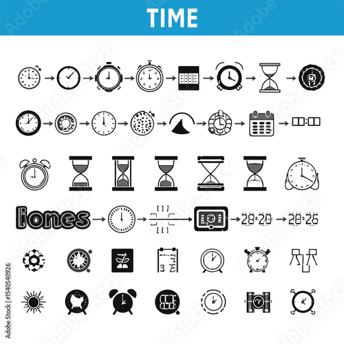 Visual Timeline of Timeless Moments: An illustrative arrangement of diverse timekeeping devices and temporal symbols.