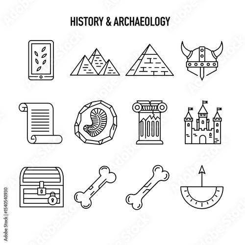 Ancient Symbols: A collection of historical and archaeological symbols, line art elements, presenting a glimpse into the past, including pyramids, scroll, viking helmet, and other significant relics.