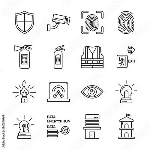 Safety Icons: A comprehensive collection of essential safety icons, from fire protection to surveillance, providing a visual guide to security and emergency measures.