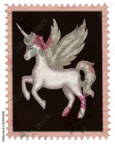unicorn stamp vintage paper texture pink flowers dark background 