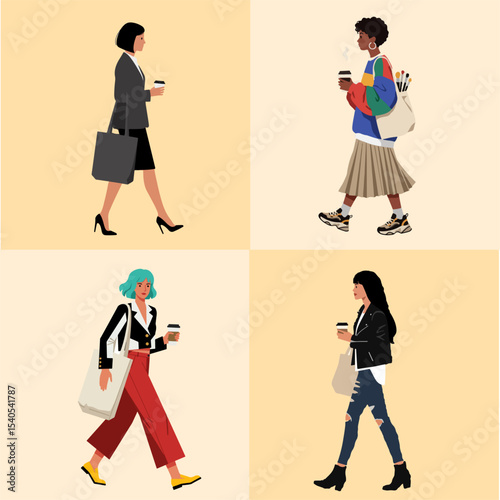  flat vector illustration of a modern woman walking in side view