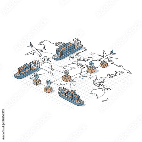 Global Logistics Network: An illustration depicting the interconnectedness of global trade, showcasing container ships, airplanes, and satellite communication, symbolizing worldwide distribution.