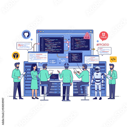 Cybernetic Team: a professional team gathers around high-tech computer servers with a programming robot, symbolizing collaborative efforts, coding.