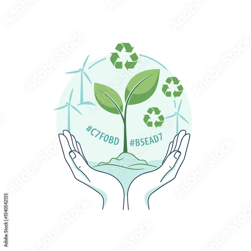Nurturing Green: A symbol of environmental care, illustrating hands cradling a growing plant alongside recycling symbols and wind turbines, promoting sustainability and eco-consciousness.