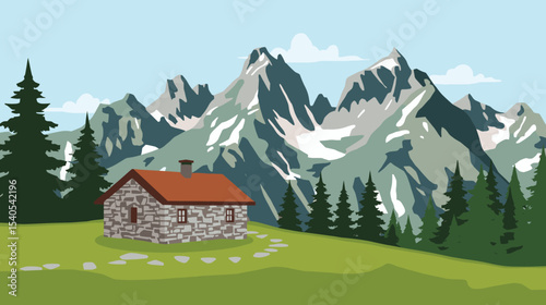 Vector illustration of the Pyrenees mountain landscape with pine trees, a stone house, grassy hills and a scenic trail under a clear sky