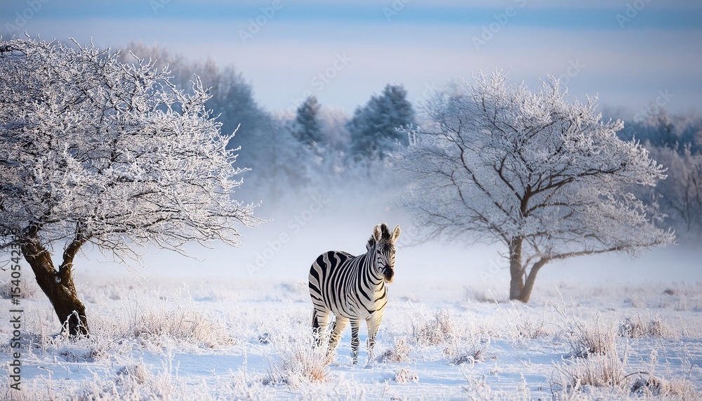 Fototapeta premium frosty zebra standing in a snowy field with bare trees landscape zebra snow