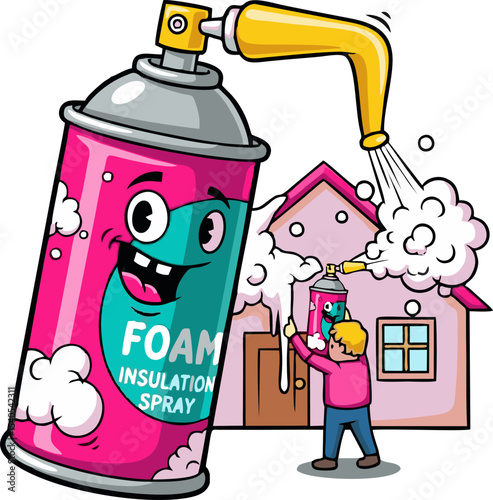 Animated Foam Insulation Spray Can Character and House Application.
