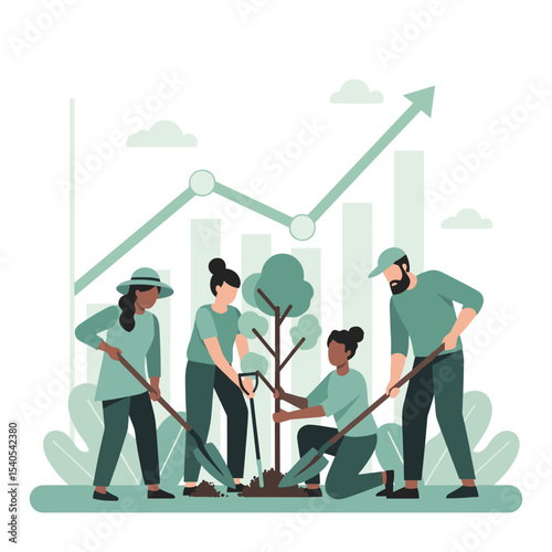 Nurturing Growth: Illustrative depiction of a diverse group of individuals working collaboratively to plant a tree, symbolizing growth, sustainability, and environmental stewardship.