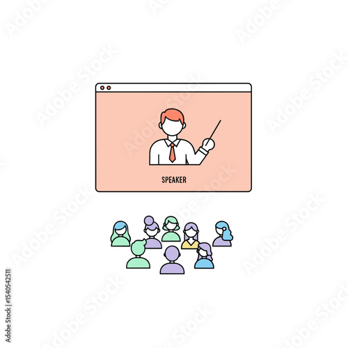 Online Seminar: A digital illustration depicts a speaker addressing a diverse audience, engaging in a virtual seminar setting.