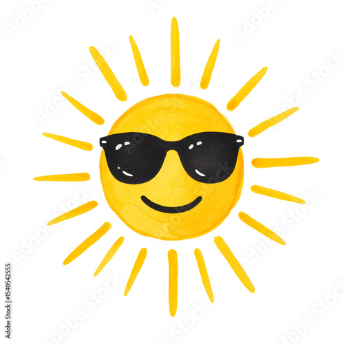 Happy Summer Sun with Sunglasses - Cute Watercolor Illustration watercolor png isolated transparent background
