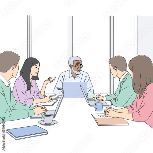 Focused Collaboration: a diverse group of professional people gathers around a table, each deeply engaged in discussion, their faces reflecting concentration and intent.
