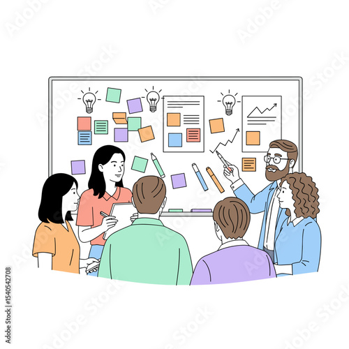 Brainstorming Session: A dynamic team collaborates, ideating around a whiteboard, sharing ideas, and driving innovation, fostering creative thinking in a collaborative workshop setting.