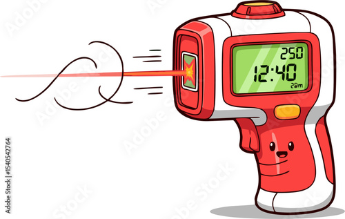 Cartoon infrared thermometer with digital display and laser beam emission