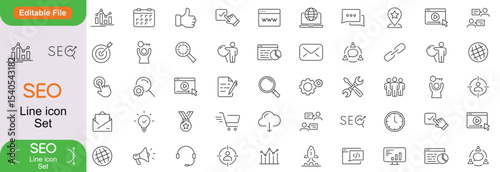 SEO - search engine optimisation line icon set. Set of 60+ outline icons related to seo, website, business, optimisation and others. SEO outline icons collection. Vector illustration.